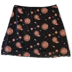 Y2K Deadstock HoroscopeZ Moon & Sun Mesh Mini Skirt with Lace Hem – Size M – New